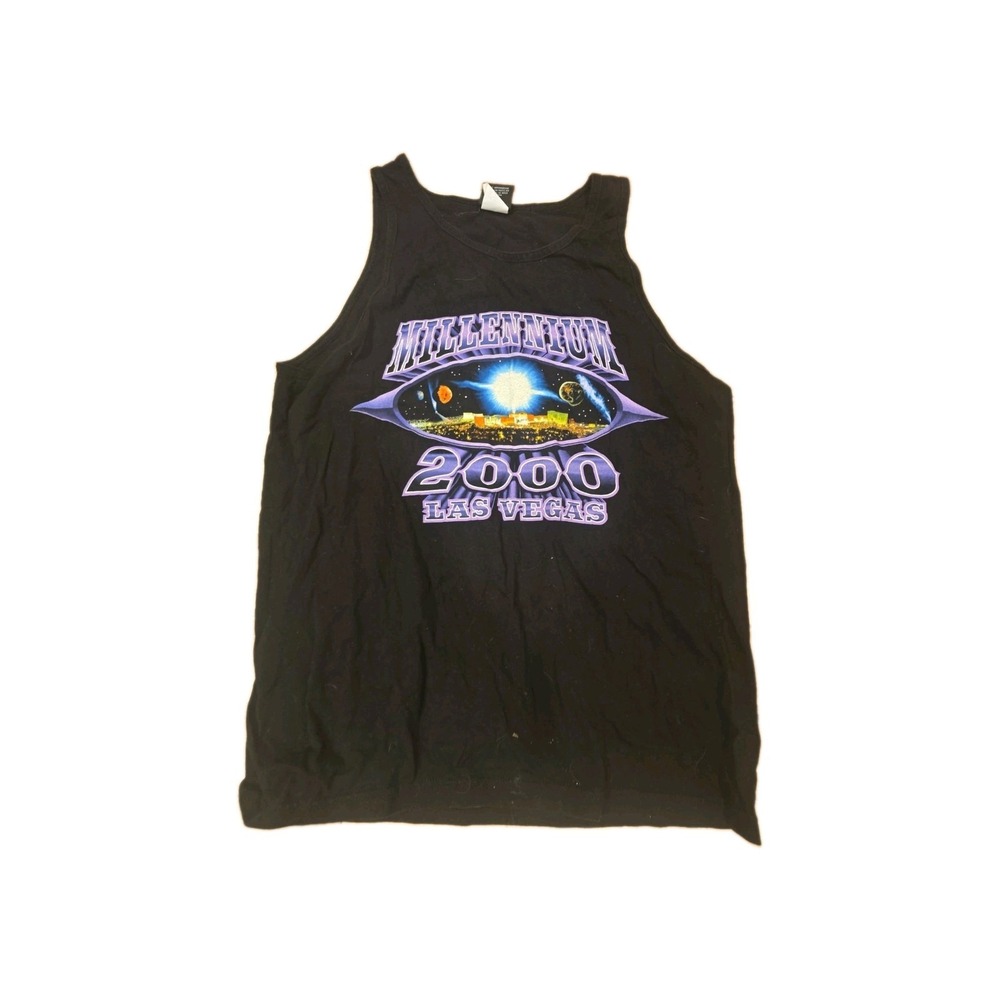 Vtg 2000 Millennium Las Vegas Tank Top Black Y2K Graphic Rare Mens L